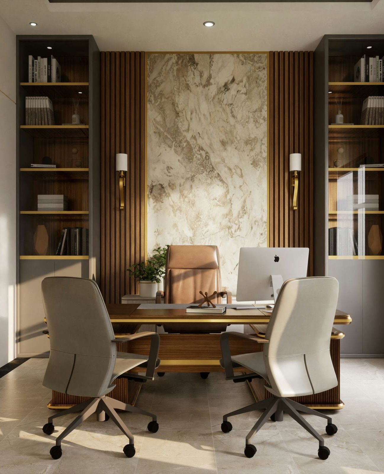 a room with a desk and two chairs